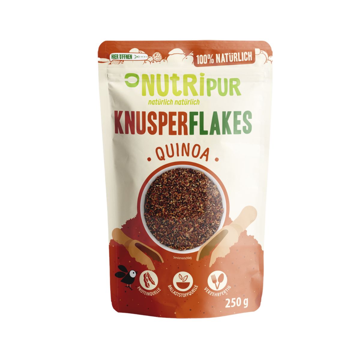 Beutel NutriPur Knusperflakes Quinoa. Aufdruck: 100% natürlich, 250g. Abbildung von Flakes in Schüssel.