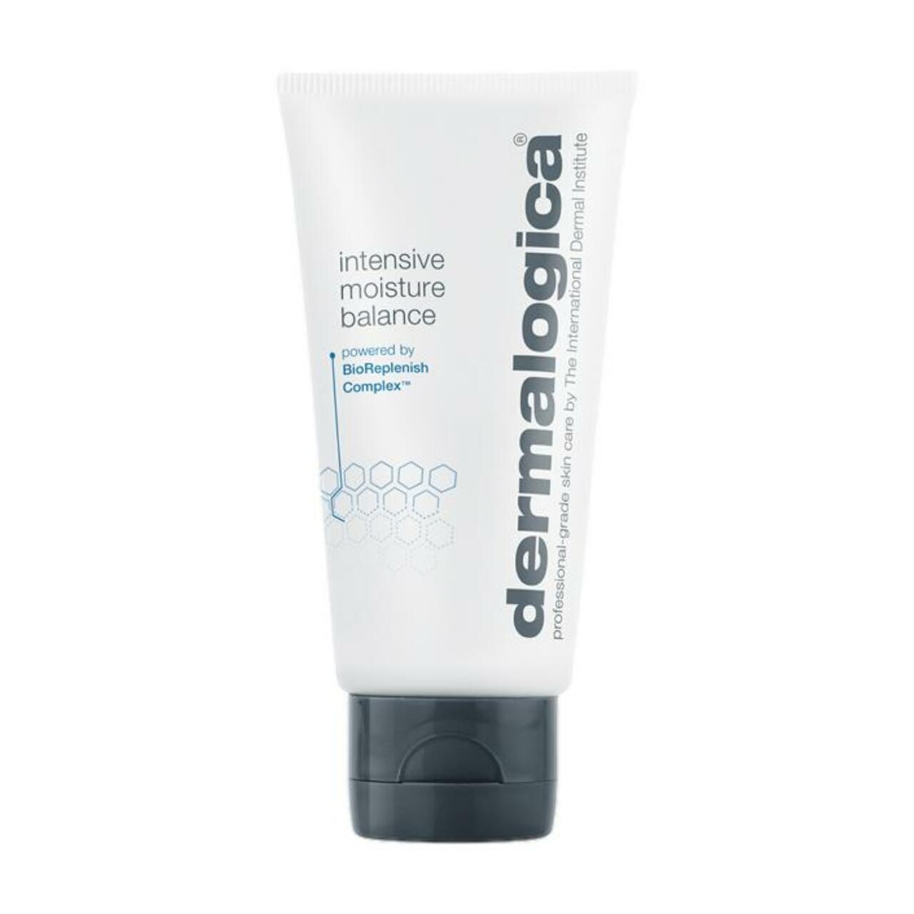 Weiße Tube mit schwarzem Deckel. Aufschrift: Intensive Moisture Balance, Dermalogica.