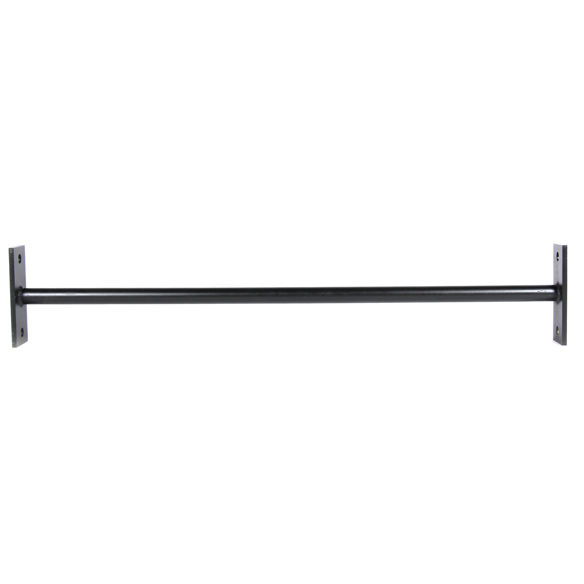 Schwarze Metallstange mit zwei rechteckigen Platten an den Enden. Für Wandmontage.
