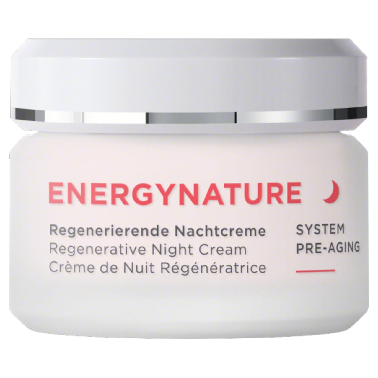 Creme-Tiegel mit weißem Deckel. Aufschrift ENERGYNATURE. Regenerierende Nachtcreme. SYSTEM PRE-AGING.