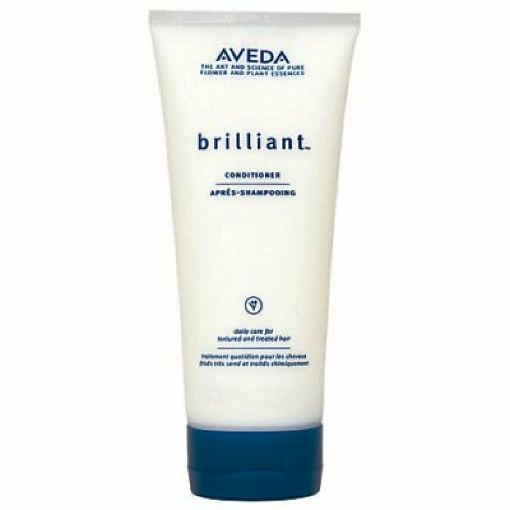 Aveda Balsamo Brillante Conditioner-Tube. Weißes Tube mit blauem Deckel. Aufschrift: Aveda, brilliant., Conditioner, daily care for...