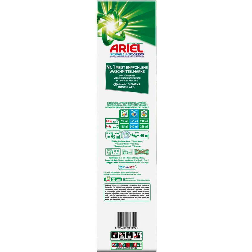 Rückseite der Ariel Waschmittelverpackung. Enthält Informationen zur Dosierung, Waschtipps und Zertifizierungen. Text in Deutsch.