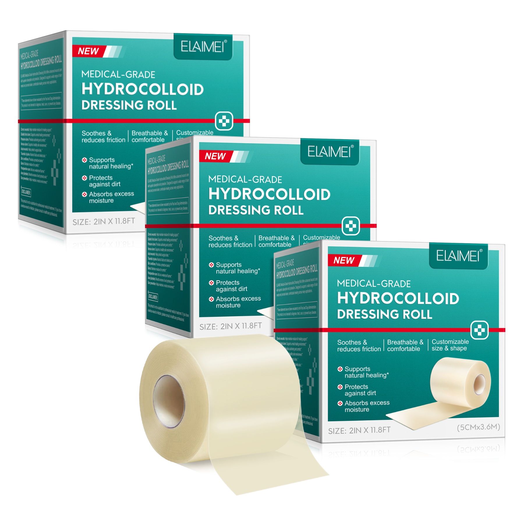 Drei Packungen Hydrokolloid-Pflaster. Rolle und Verpackung. Text: Medical-Grade Hydrocolloid Dressing Roll. Größenangabe: 2in x 11.8ft.