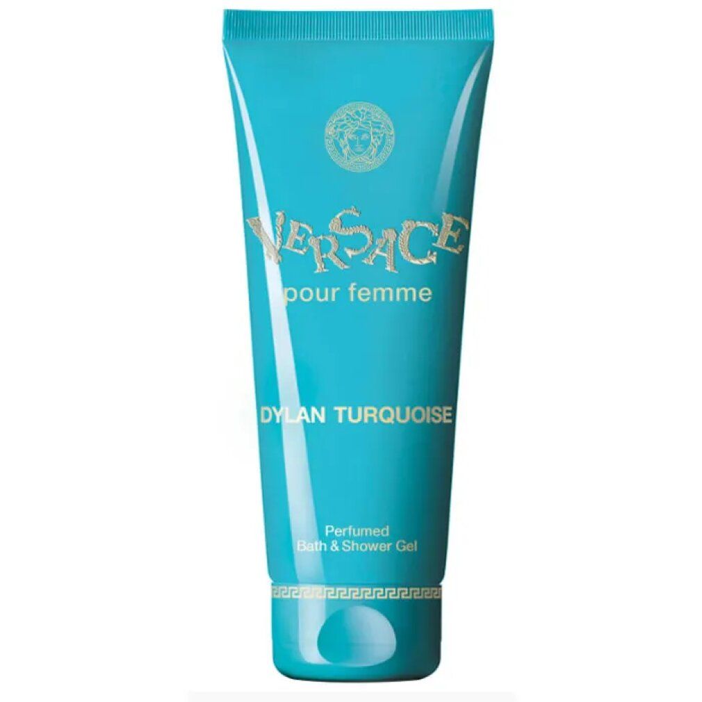 Türkisfarbene Tube. Aufschrift: Versace pour femme, Dylan Turquoise. Duschgel.
