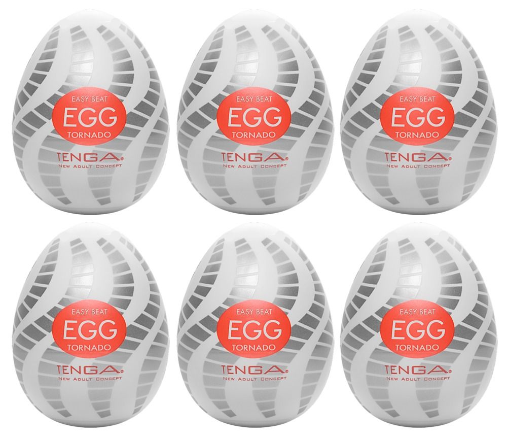 Sechs weiße, eiförmige Produkte mit grauem Muster und rotem Aufkleber "EGG TORNADO". Marke: TENGA.