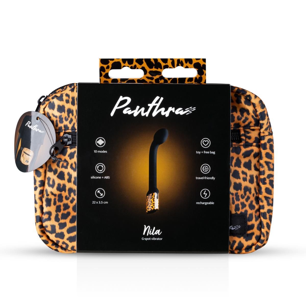 Verpackung mit schwarzem Vibrator, Leopardenmuster-Tasche und Produktinformationen. Marke: Panthra.