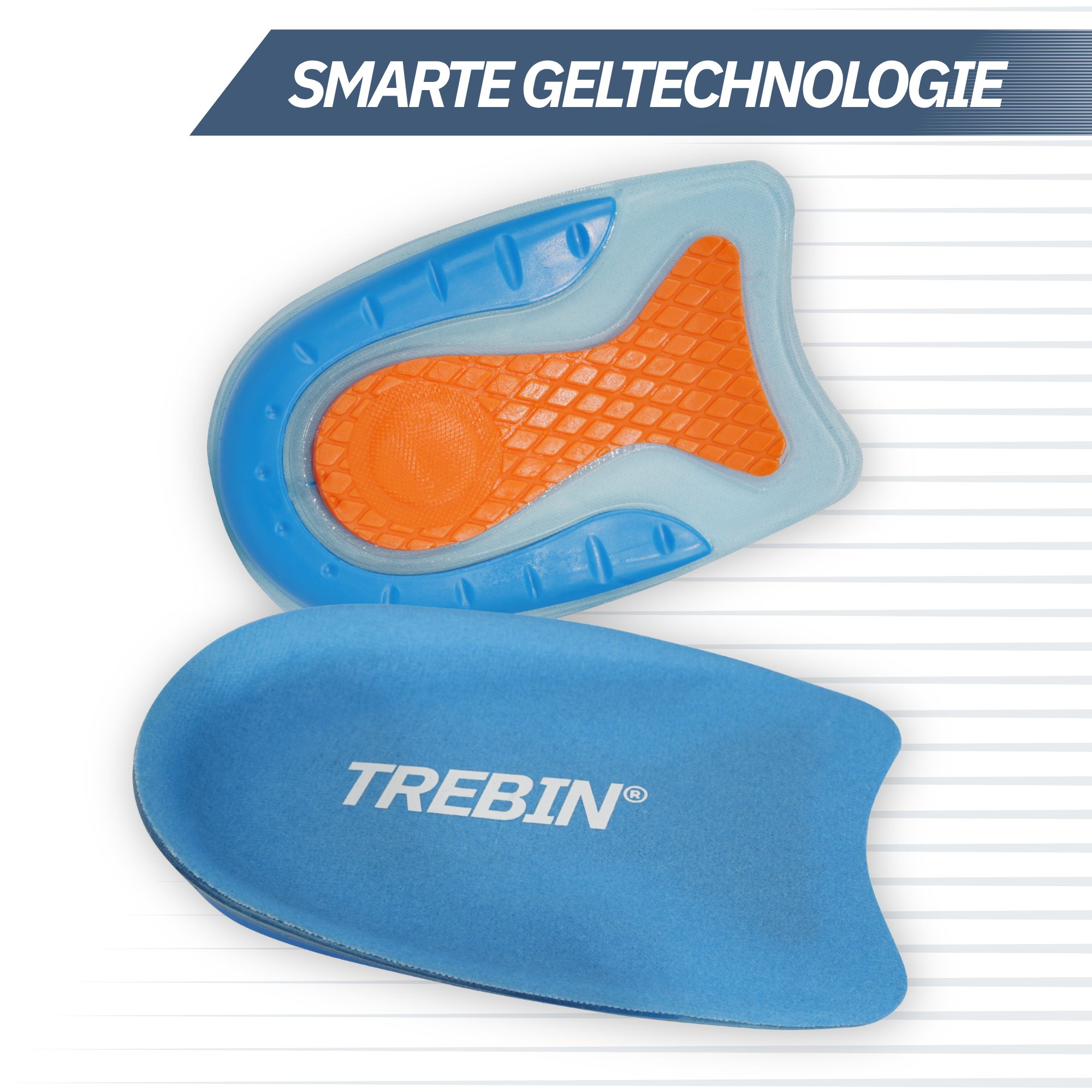 Zwei blaue Einlegesohlen mit orangefarbenen Gel-Einsätzen und einer blauen Schutzschicht. Oberseite einer blauen Einlegesohle mit Aufschrift 'TREBIN'.