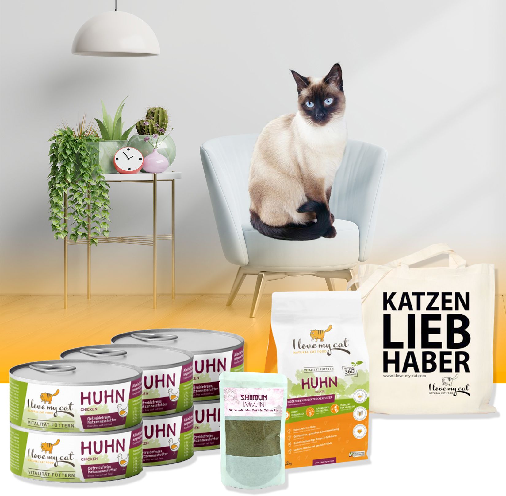 Verschiedene Produkte für Katzen: Nassfutter, Trockenfutter, Ergänzungsmittel und eine Tragetasche. Eine Siamkatze sitzt auf einem Stuhl.
