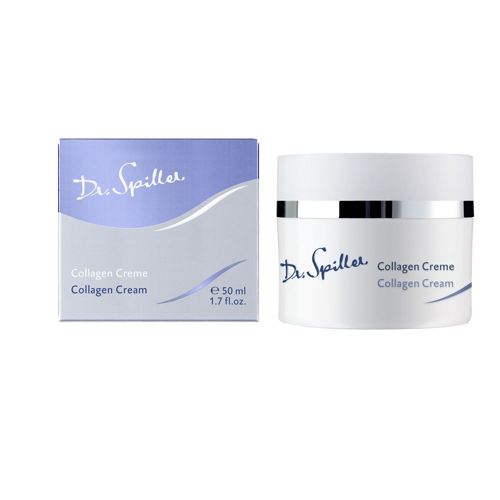 Creme-Tiegel und Schachtel. Aufschrift: Dr. Spiller, Collagen Creme, Collagen Cream. Verpackung mit 50 ml.