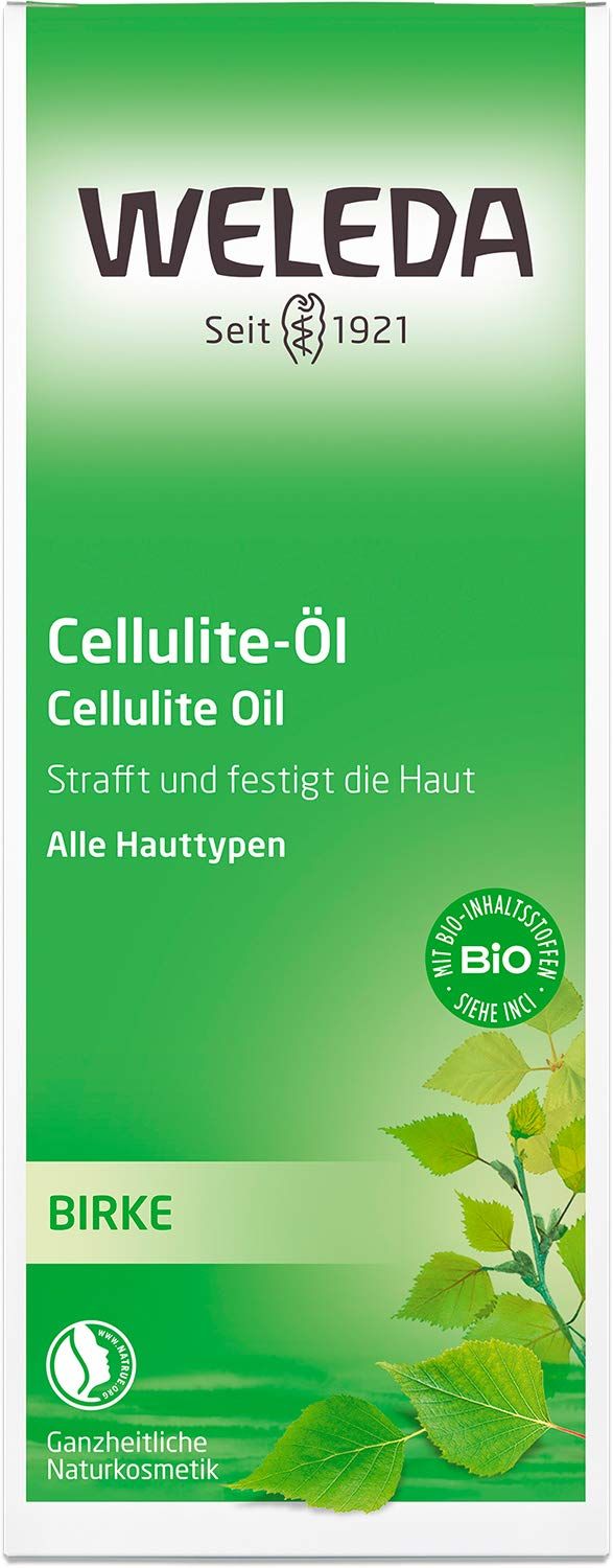 Grüne Verpackung mit Aufschrift: WELEDA Cellulite-Öl, Birken-Extrakt. Mit Bio-Siegel und Birkenblatt-Illustration.