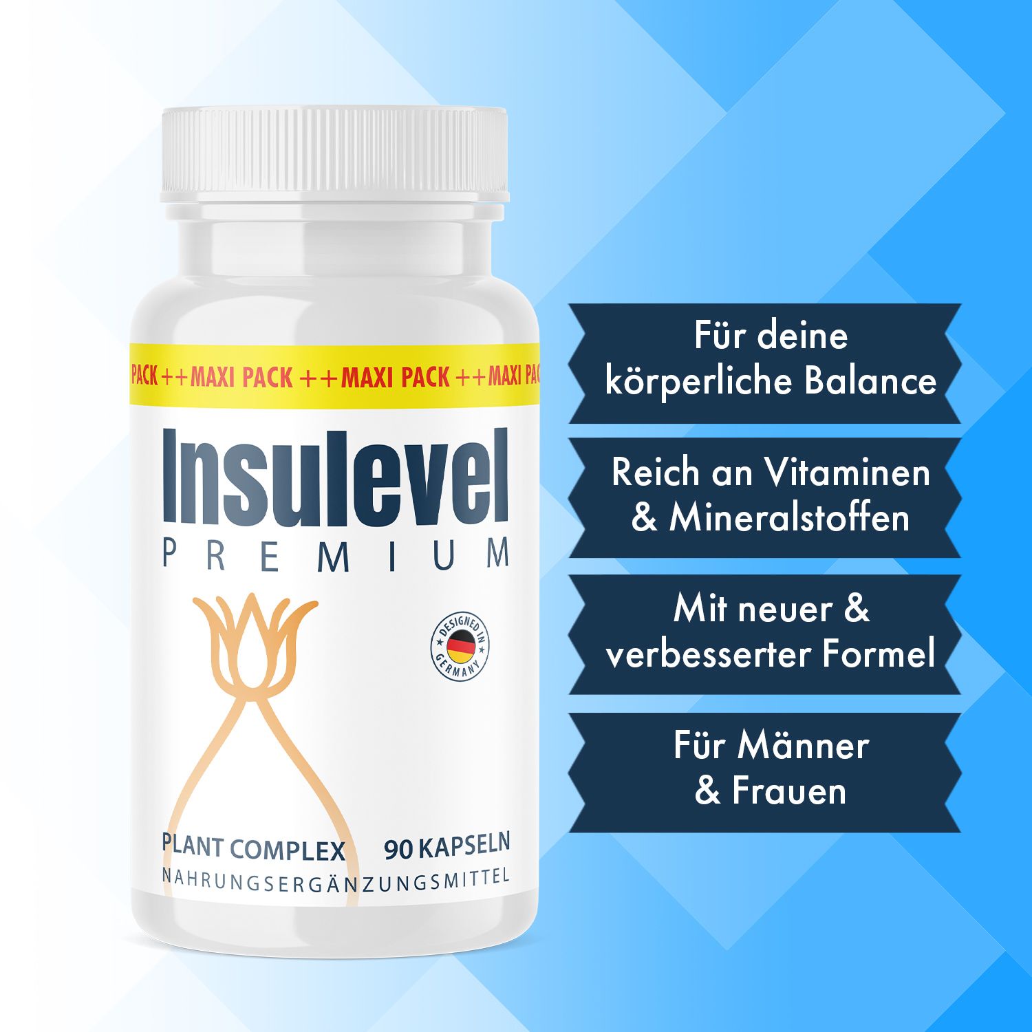 Weiße Flasche mit Kapseln. Aufschrift: Insulevel Premium, 90 Kapseln. Text: Für deine körperliche Balance, reich an Vitaminen.