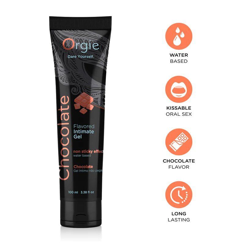 Schwarze Tube mit Schokoladenduft, 100ml, mit Icons für wasserbasiert, küssbar, Schokoladengeschmack, langanhaltend.