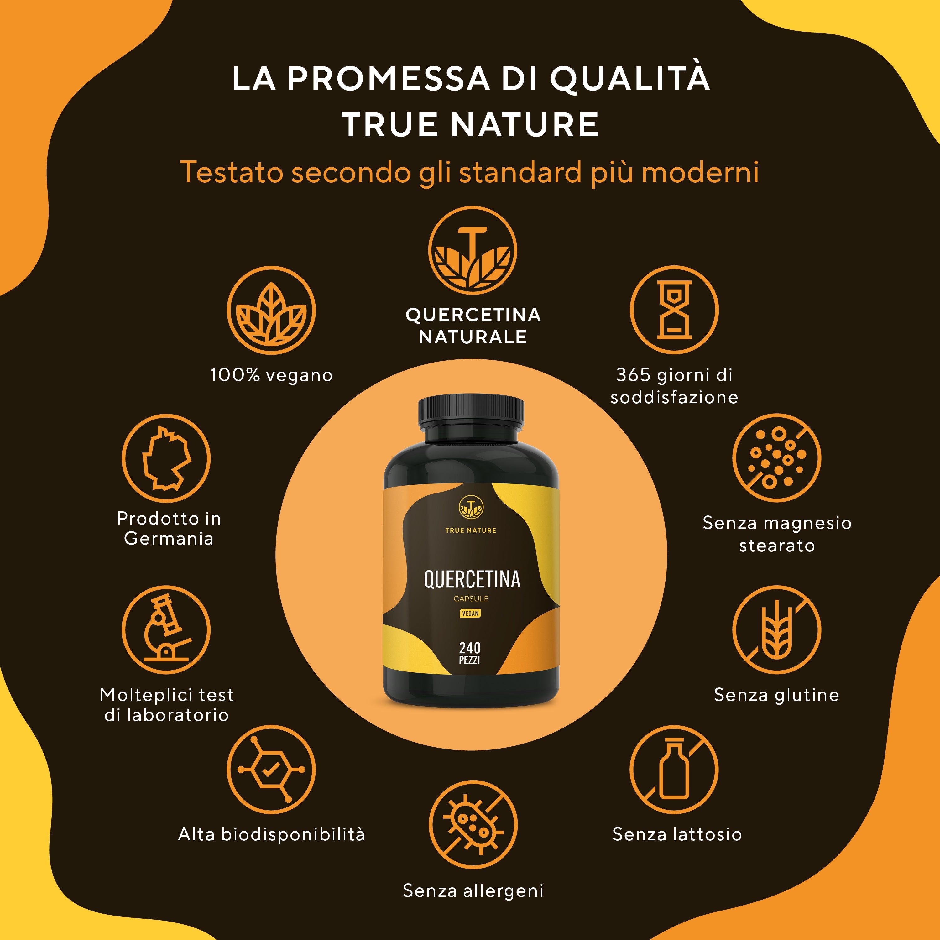 Immagine del prodotto con caratteristiche: 100% vegano, Quercetina naturale, 365 giorni di soddisfazione, prodotto in Germania, ecc.