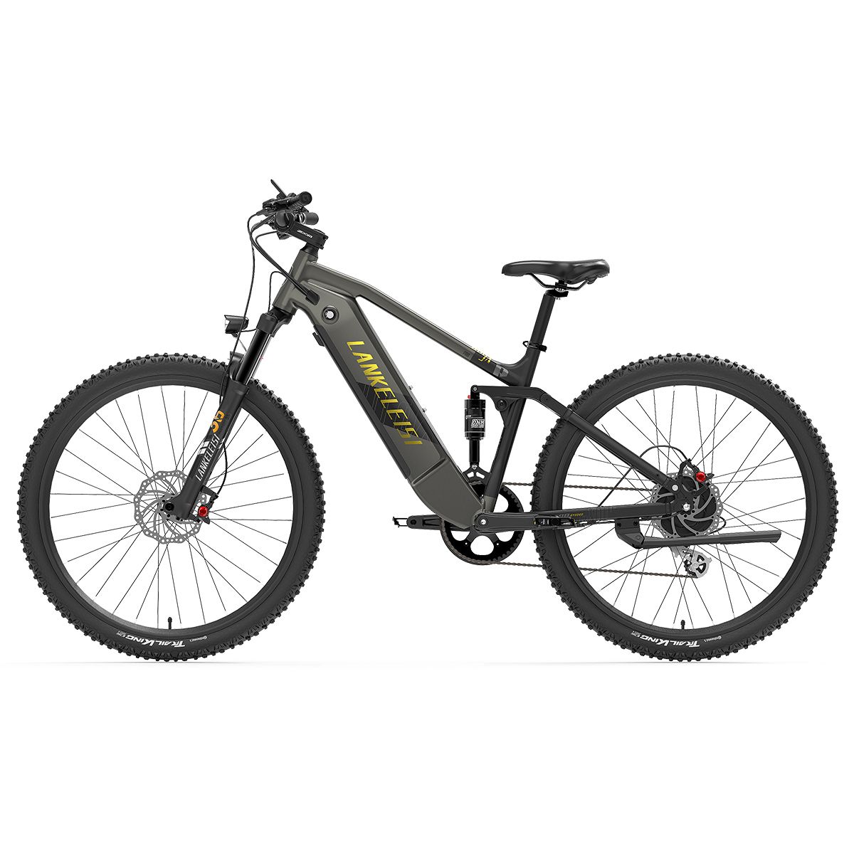 Graues E-Bike LANKELEISI RX600 Pro. Schwarze Reifen, Sattel und Lenker. Gelbe Schrift auf dem Rahmen.