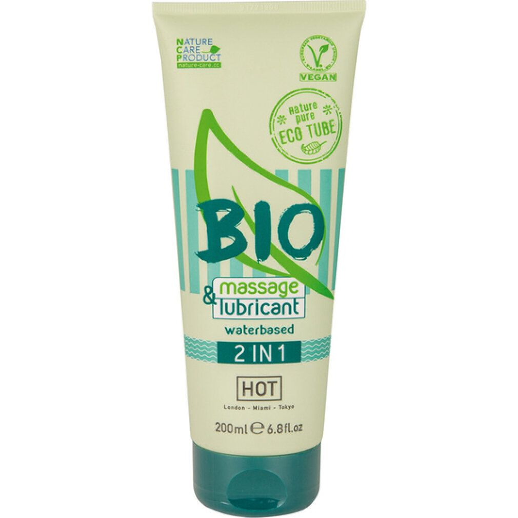Tube BIO Massage & Lubricant 2IN1. Grün-weißes Design. Vegan-Siegel. Aufschrift: HOT, 200ml.