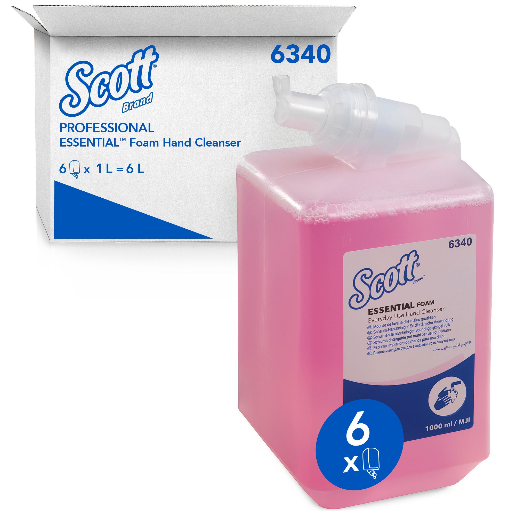 Rosa Schaumseife-Kassette. Auf der Verpackung steht "Scott Professional Essential Foam Hand Cleanser". Enthält 6 x 1L.