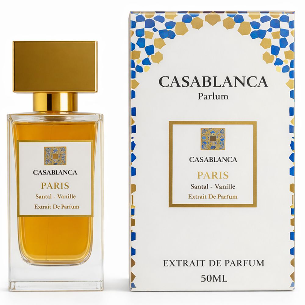 Parfumflakon und Verpackung. Aufschrift: Casablanca Parfum, Paris, Santal-Vanille, Extrait de Parfum. Verpackung: 50ML.