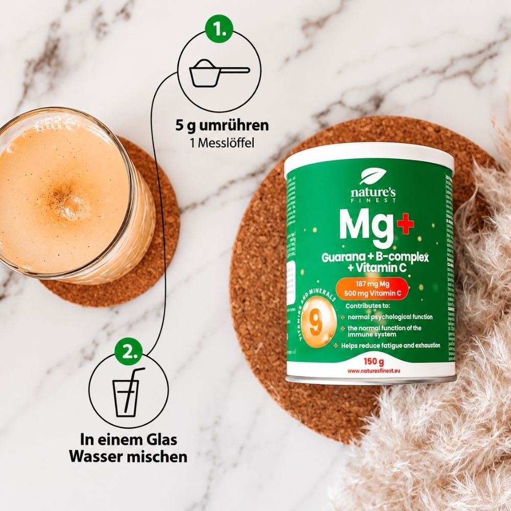 Dose Nature's Finest Mg+ und Anleitung zur Zubereitung eines Getränks.