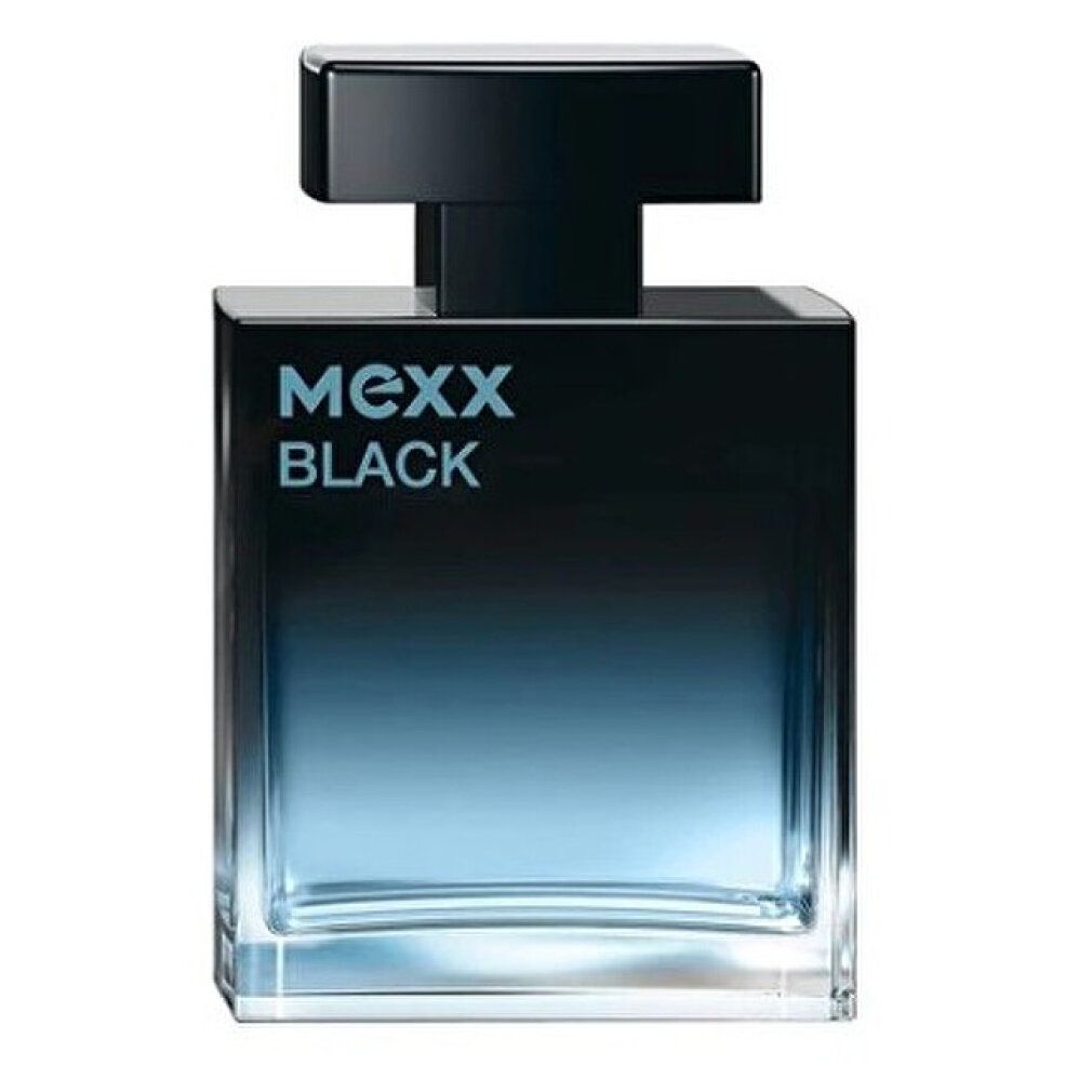 Schwarzer Flakon mit schwarzem Deckel. Aufschrift: Mexx Black. Farbverlauf von Schwarz zu Blau.