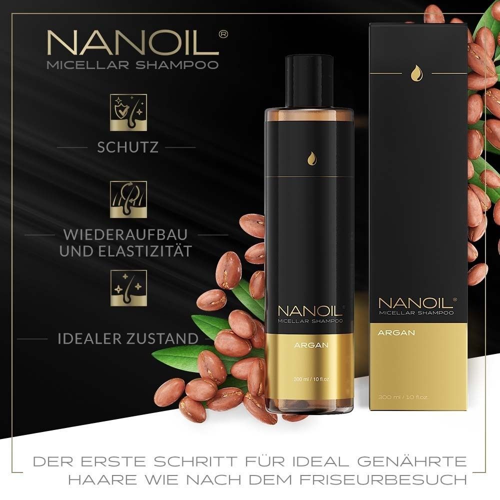 Schwarze Flasche Nanoil Micellar Shampoo Argan mit goldenem Akzent. Daneben die passende Verpackung. Arganmandeln und Blätter sind abgebildet.