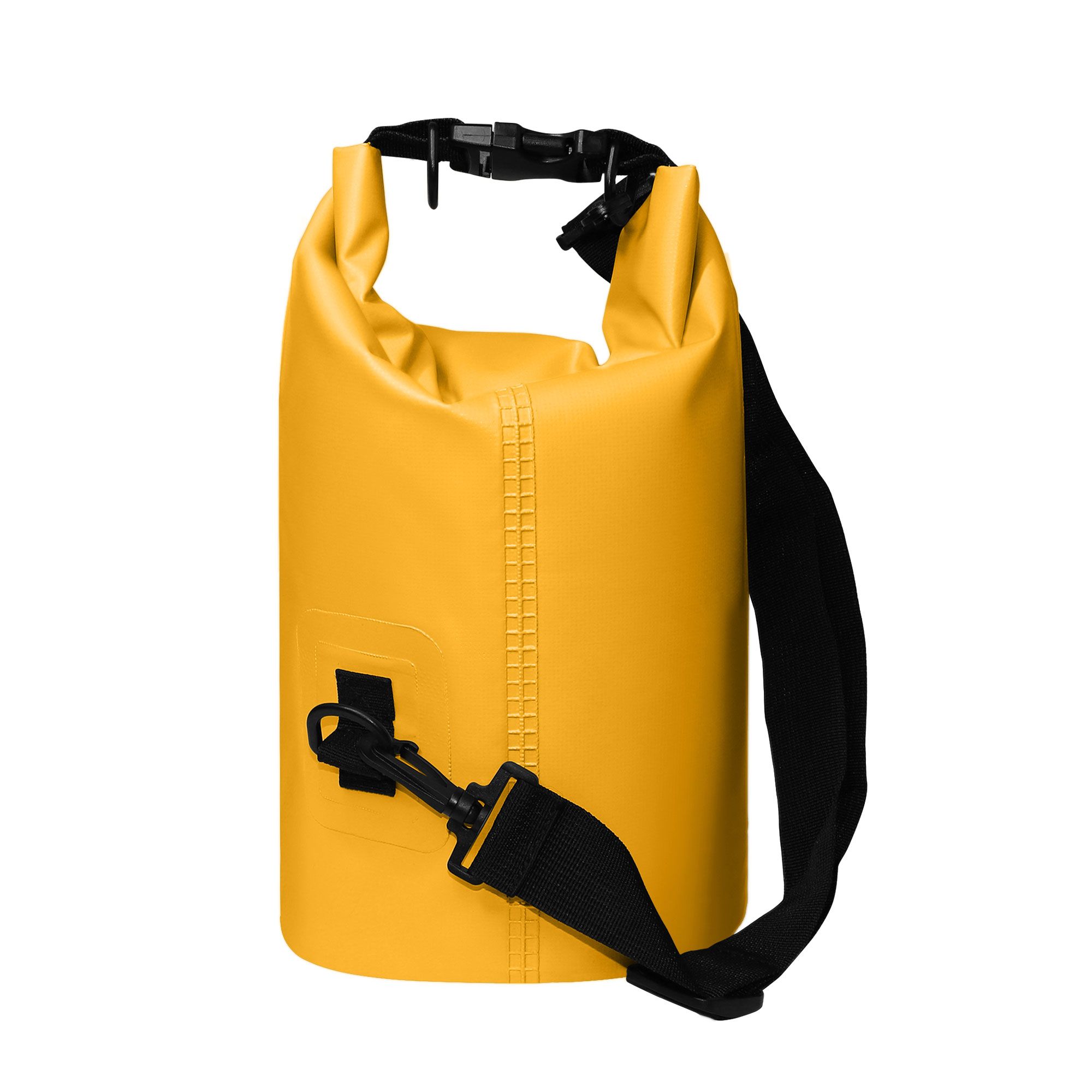 Gelber Packsack mit schwarzem Schultergurt und Verschluss. Rückseite mit Naht und Befestigung.