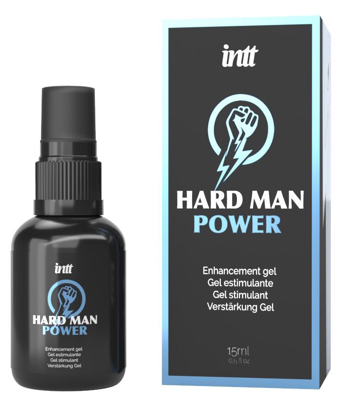 Schwarze Flasche und Schachtel. Aufschrift: intt, HARD MAN POWER, Enhancement gel. Blaues Faust-Logo. 15ml.