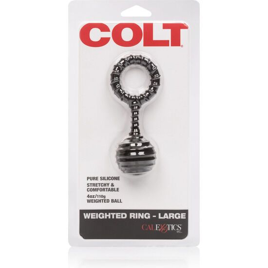 Verpackung mit schwarzem, gewichteten Ring. Marke COLT. Text: Weighted Ring - Large. Aus Silikon.