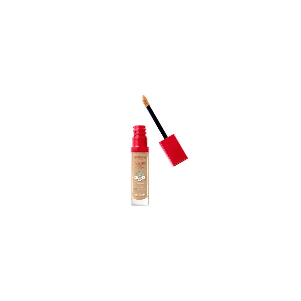 Flüssiger Concealer mit roter Kappe und Applikator. Produktname und Farbe sind sichtbar. Der Applikator ist geöffnet.