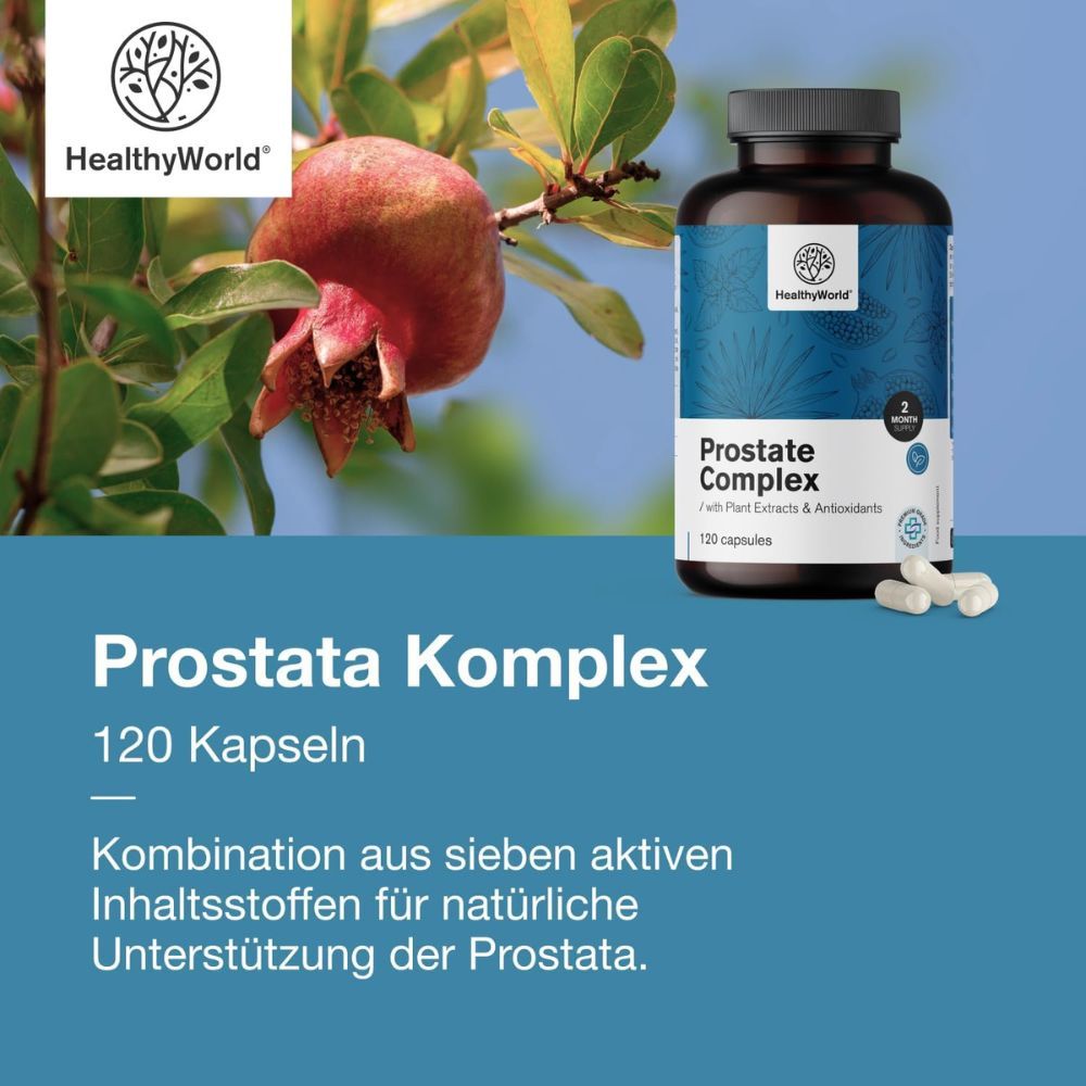 Braune Flasche mit Kapseln. Aufschrift: Prostate Complex, 120 Kapseln. Marke: HealthyWorld. Granatapfel.