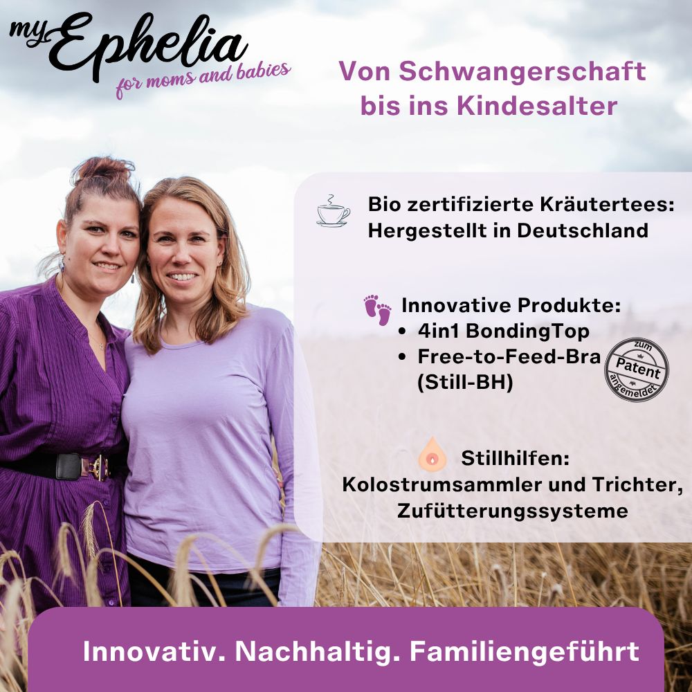 Zwei Frauen, Text: myEphelia for moms and babies. Von Schwangerschaft bis ins Kindesalter. Bio-zertifizierte Kräutertees.