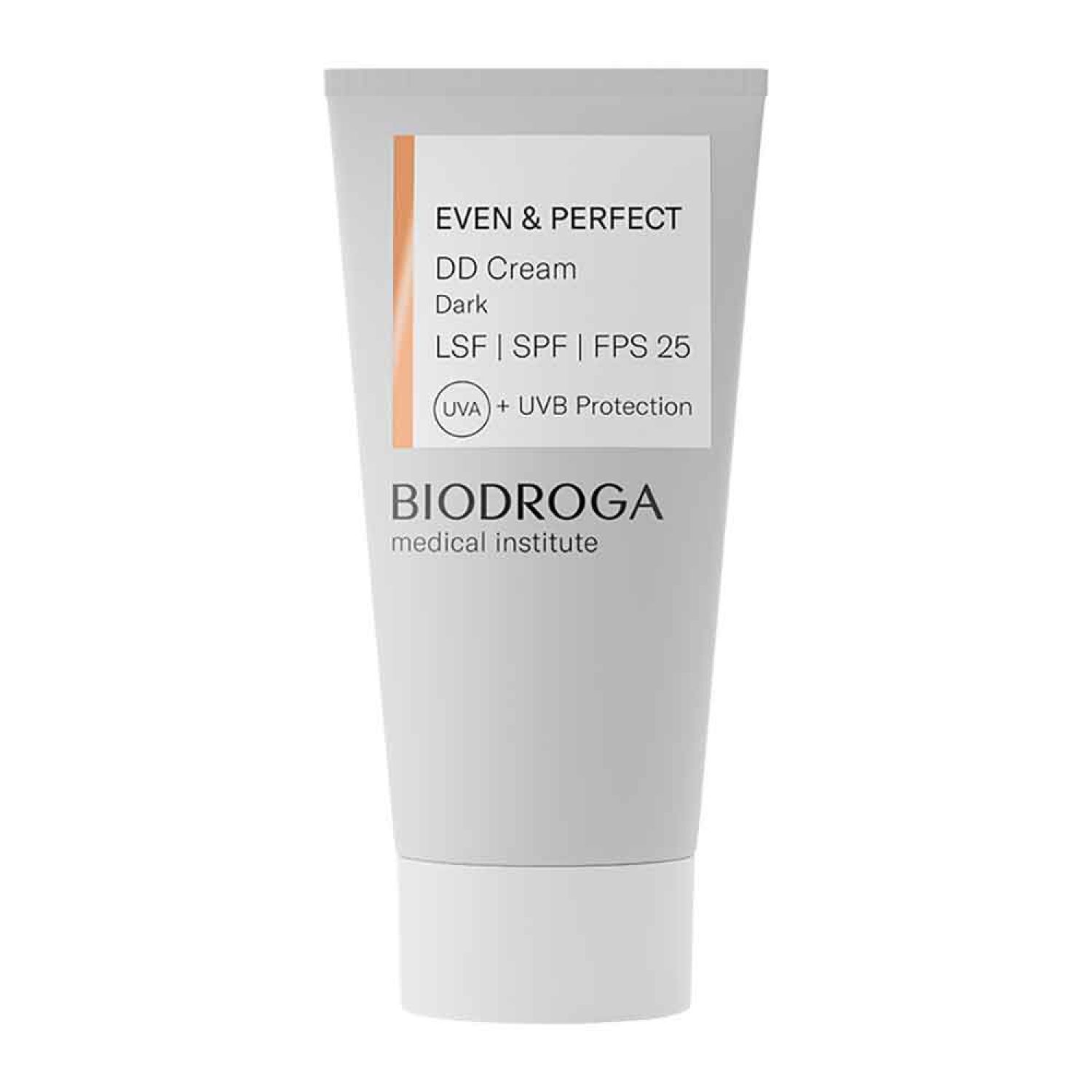Creme-Tube mit Etikett. Text: Even & Perfect DD Cream Dark, LSF, SPF 25, UVA + UVB Protection. Marke: BIODROGA.