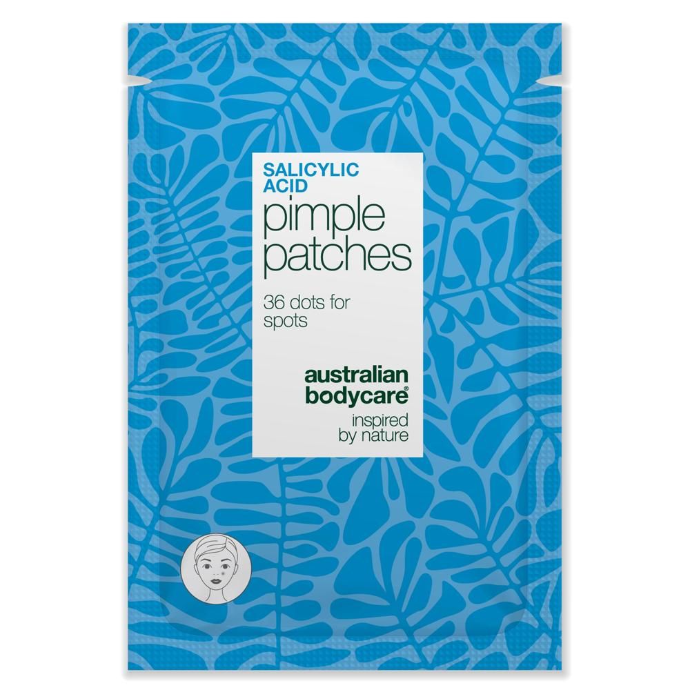 Blaues Päckchen mit Salicylsäure Pimple Patches. 36 Punkte für Pickel. Marke: Australian Bodycare.