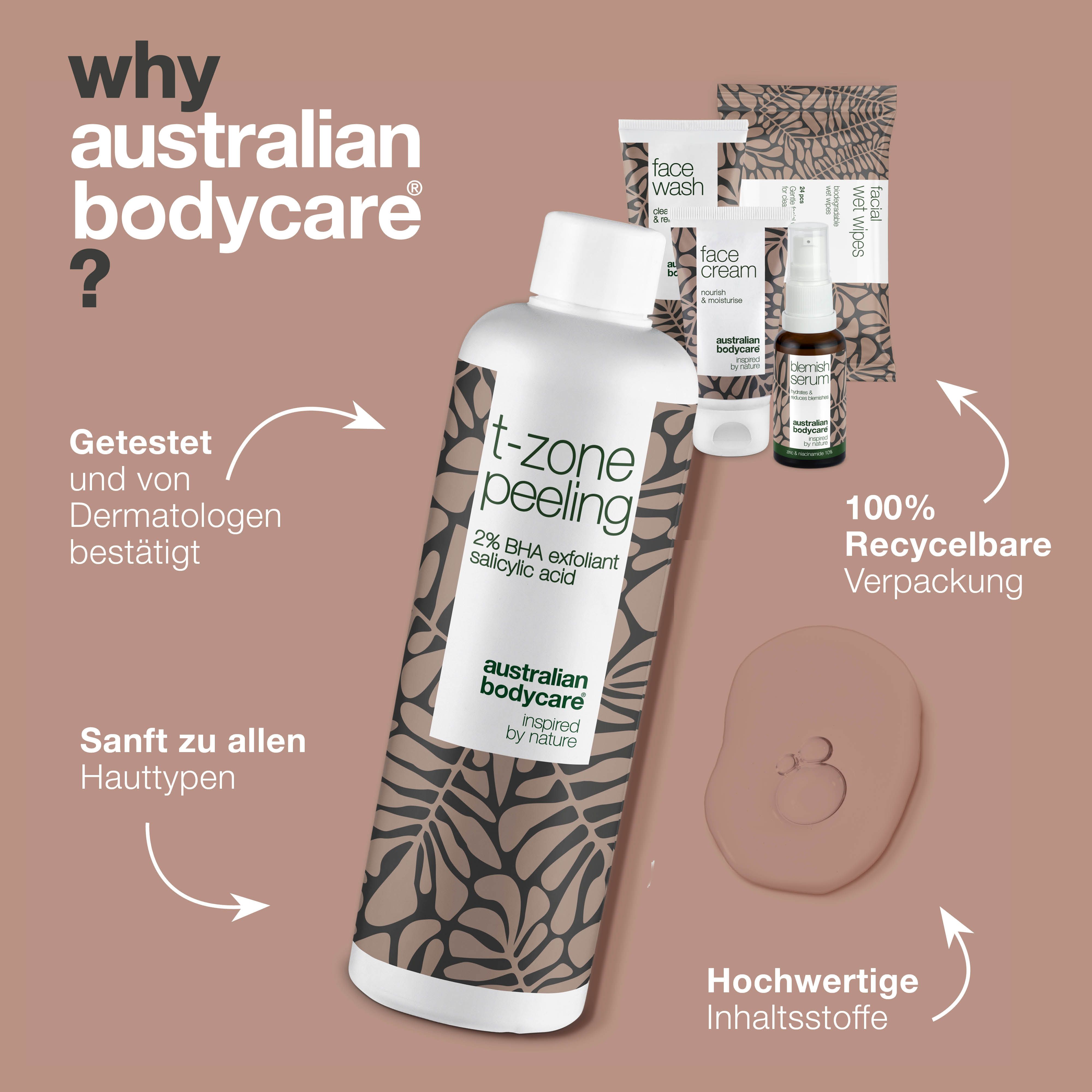 Peeling-Flasche, Produkte und Text. Text: Warum Australian Bodycare?