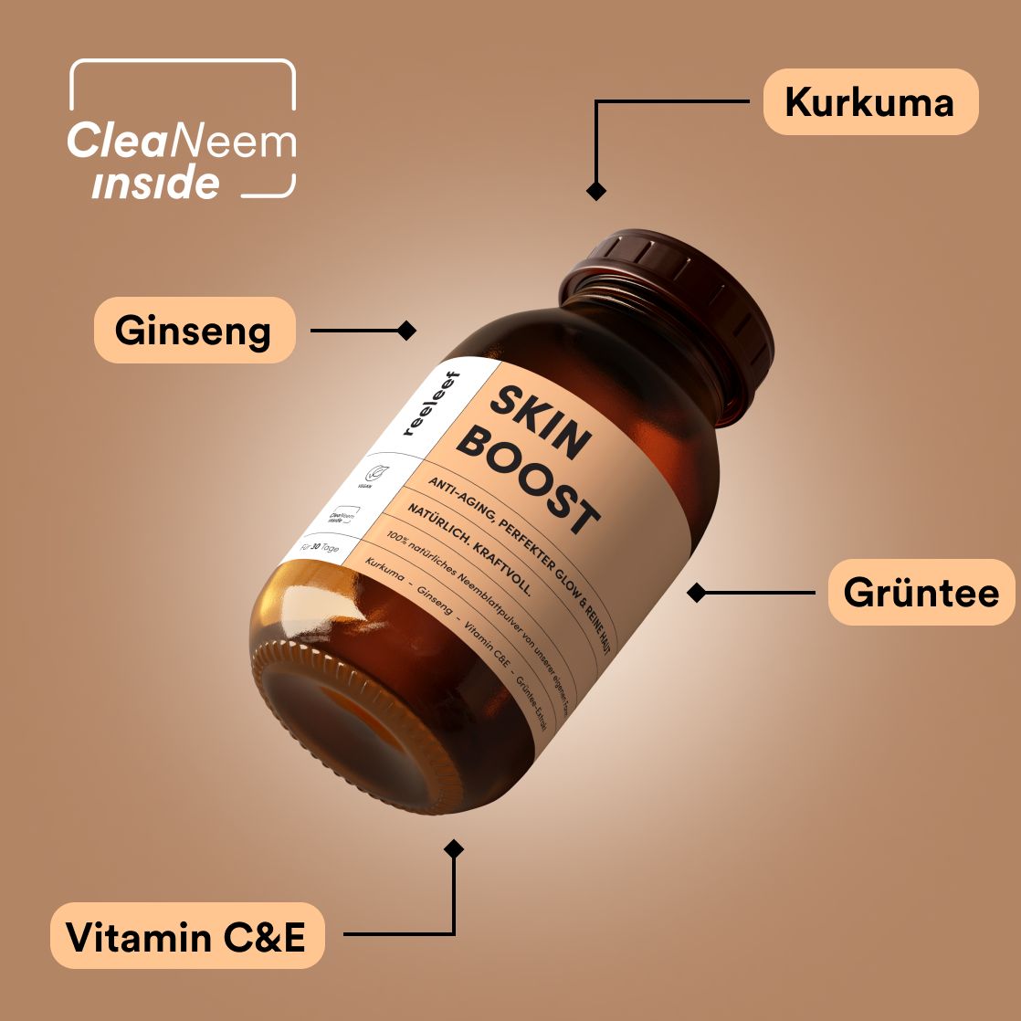 Braune Flasche mit Skin Boost-Etikett. Aufschrift: Anti-Aging, perfekter Glow. Mit Ginseng, Kurkuma, Grüntee, Vitamin C & E. CleaNeem inside.