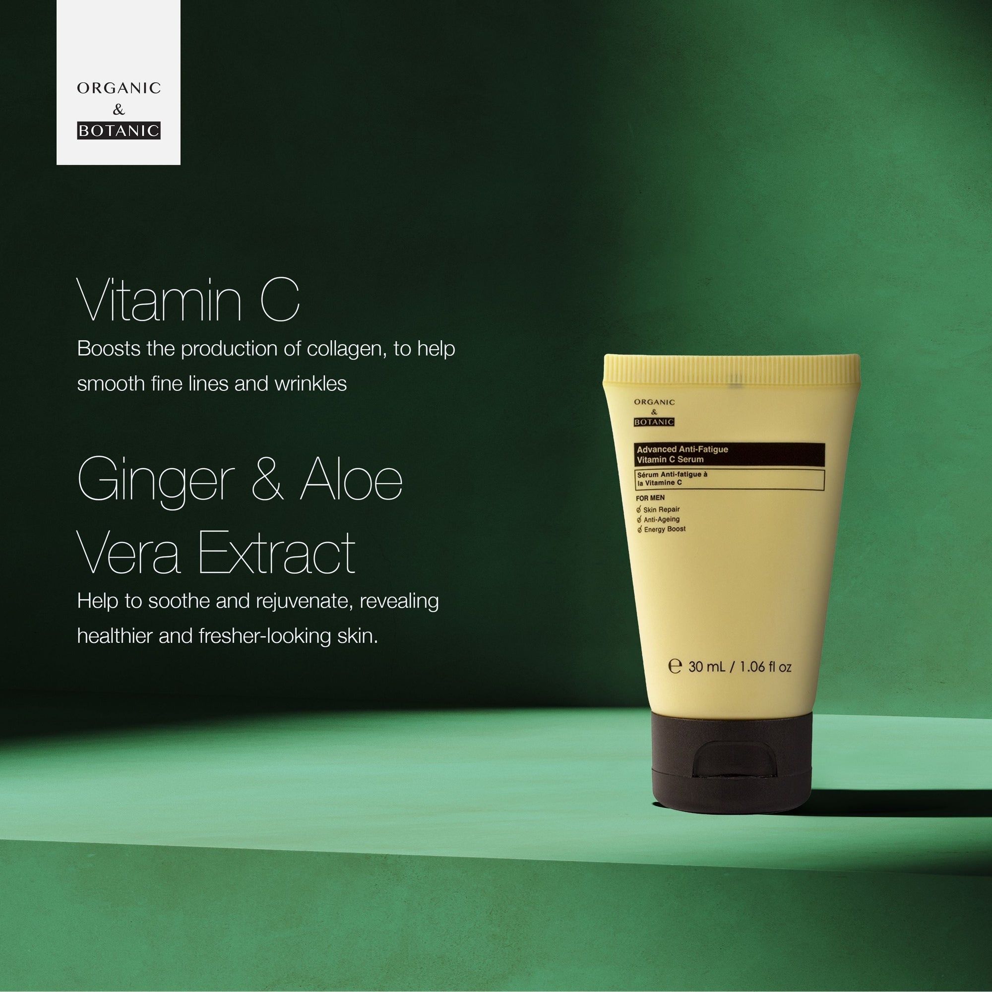 Gelbe Tube vor grünem Hintergrund. Beschriftung: Advanced Anti-Fatigue Vitamin C Serum. Marke: Organic & Botanic.