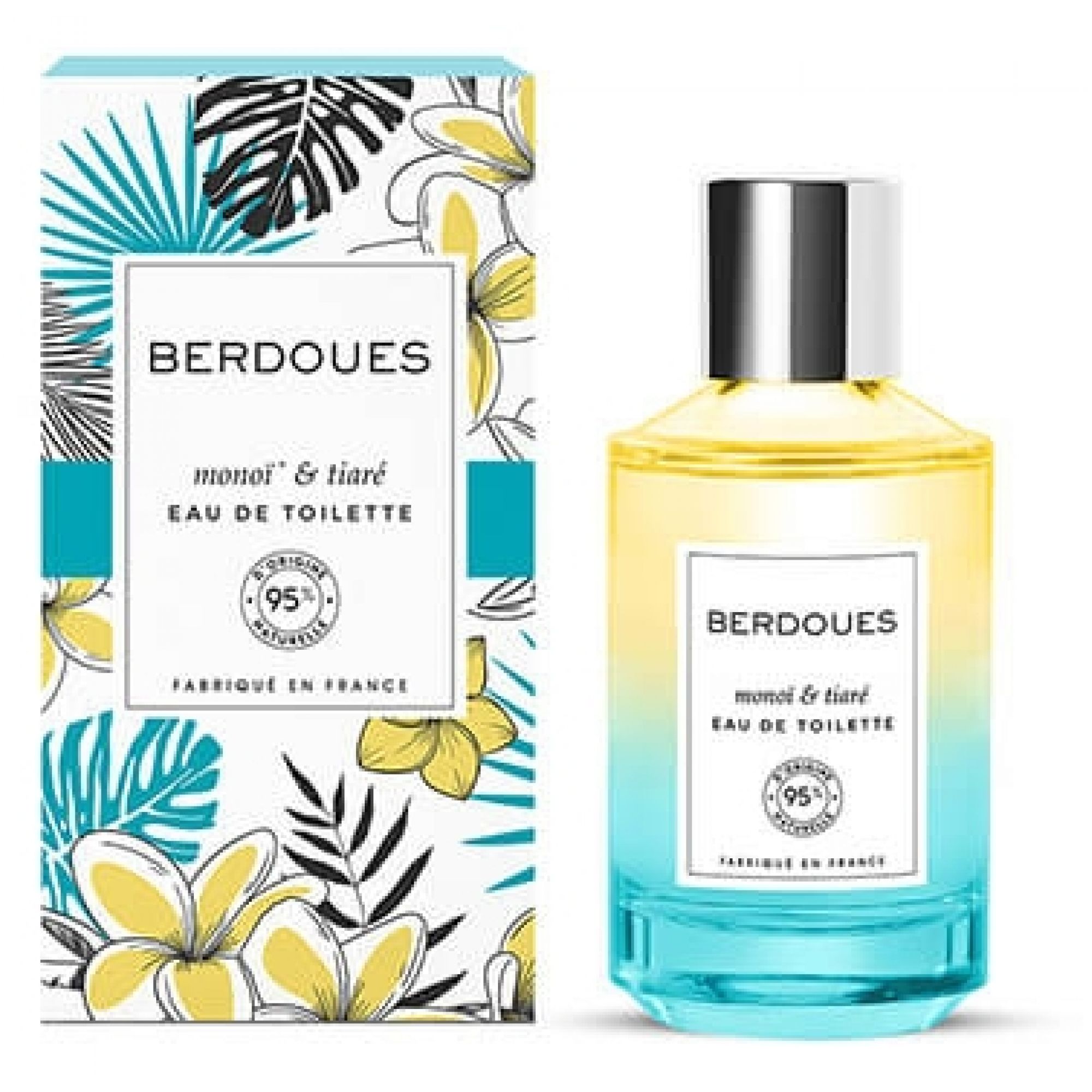 Berdoues Monoi & Tiaré Eau de Toilette Flakon mit tropischen Blumen auf der Verpackung.