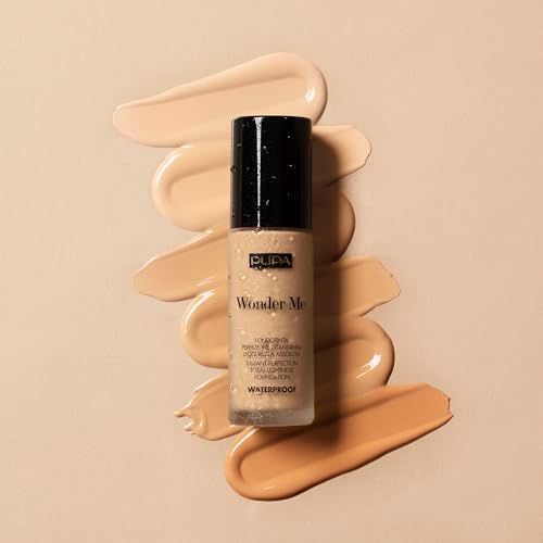 Pupa Wonder Me Foundation Flasche umgeben von Foundation-Swatches.