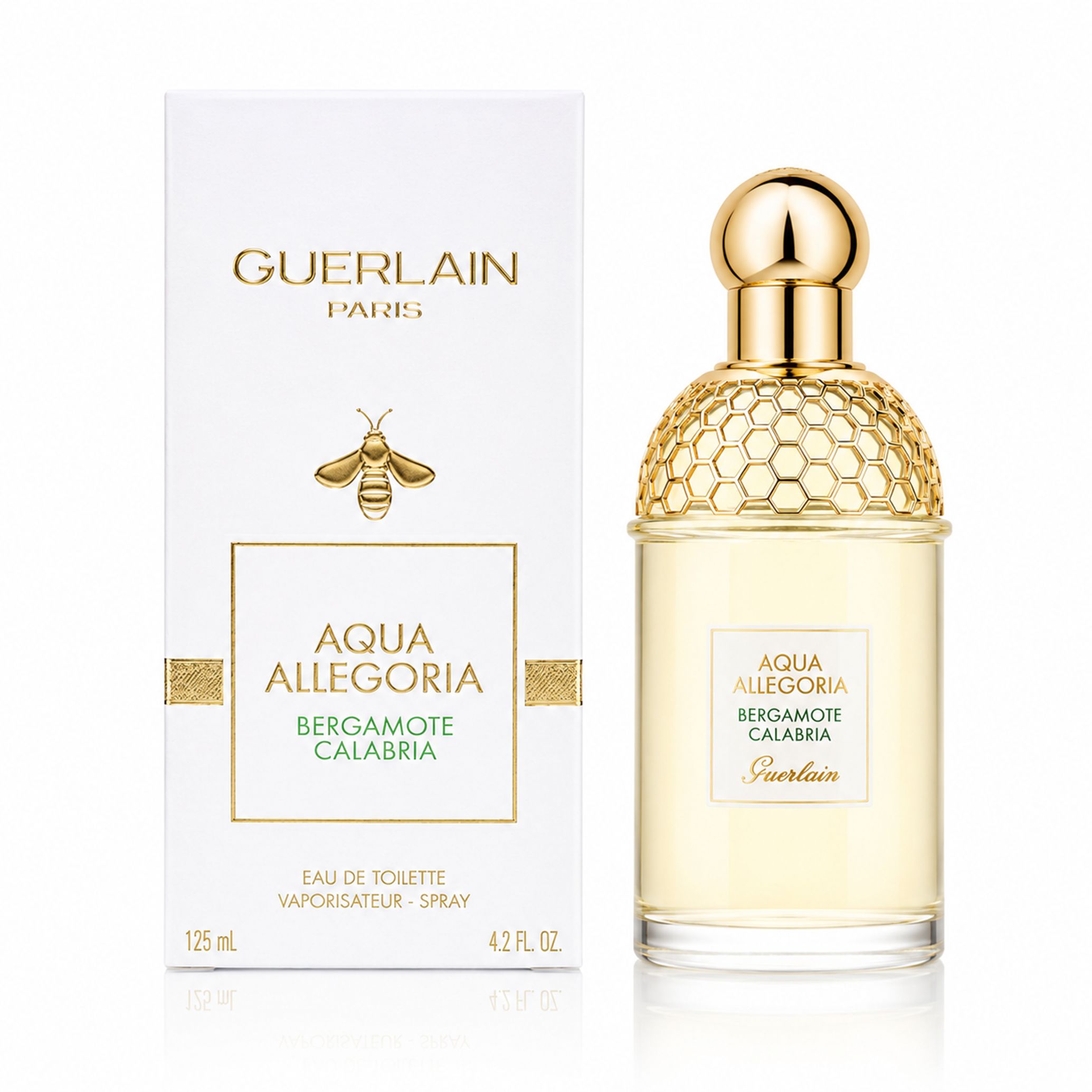 Guerlain Aqua Allegoria Bergamote Calabria Eau de Toilette 125ml Flakon mit Bienenwappen-Detail und Verpackung.