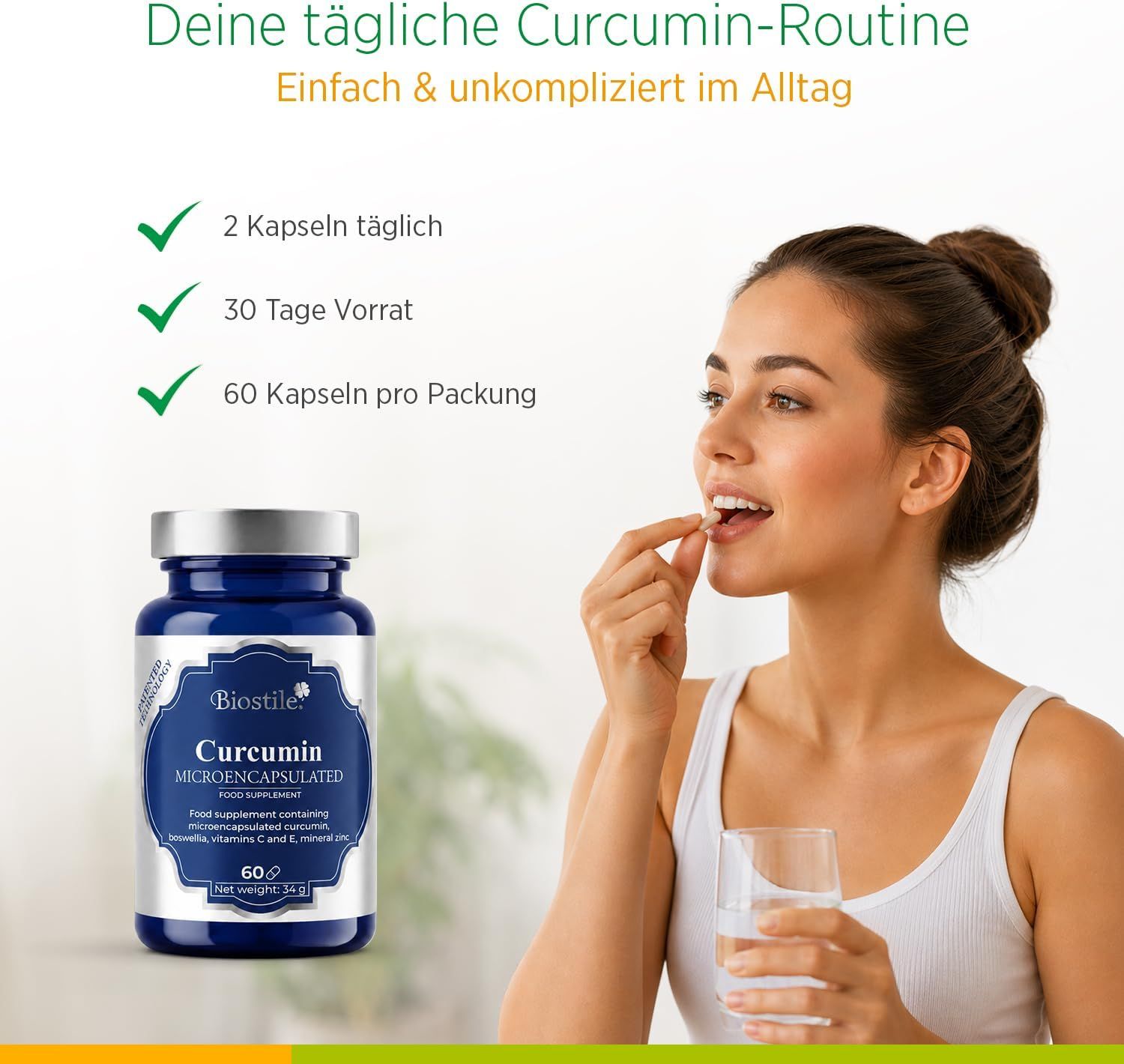 Frau nimmt Kapsel ein. Blaue Dose mit Biostile Curcumin Microencapsulated, 60 Kapseln.