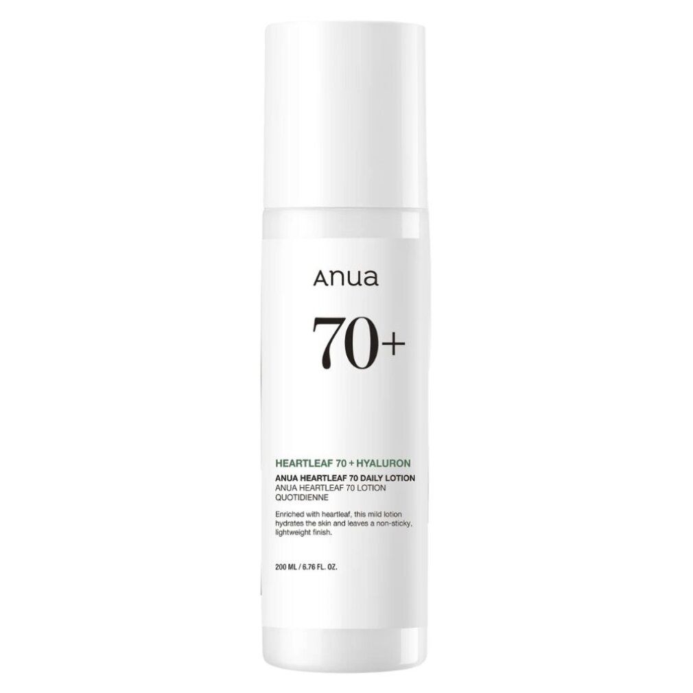 ANUA Heartleaf 70+ Hyaluron Lotion Flasche mit detaillierter Produktbeschreibung und 200ml Angabe.