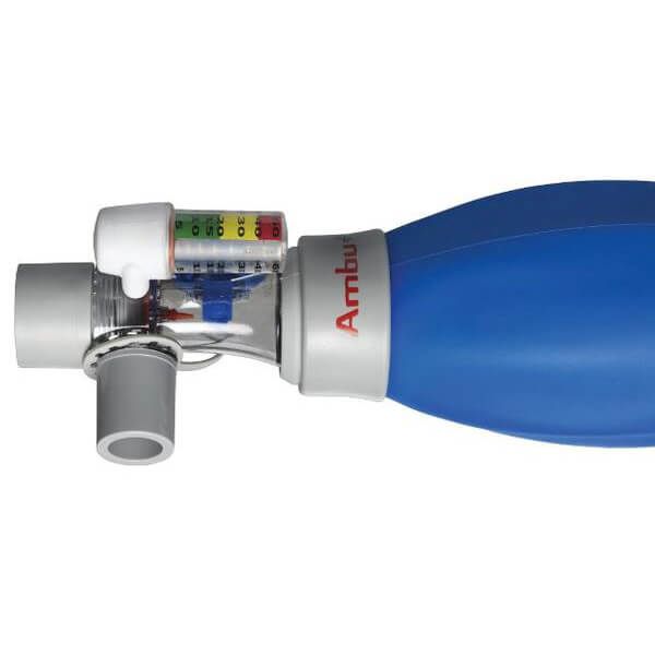 Ambu Einweg-Manometer an einem Beatmungsbeutel mit blauer Blase und farbcodierter Skala.