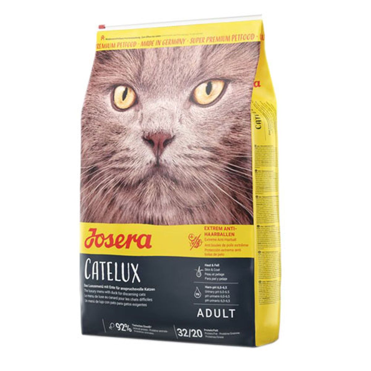 Josera Catelux Katzentrockenfutter mit Katzenmotiv und Produktinformationen.