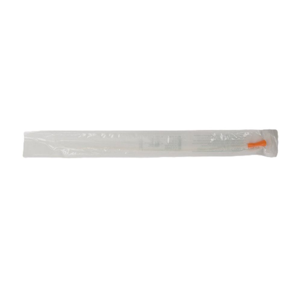 Katheter in steriler Verpackung. Transparenter Kunststoff, orangefarbene Spitze. Einzeln verpackt.