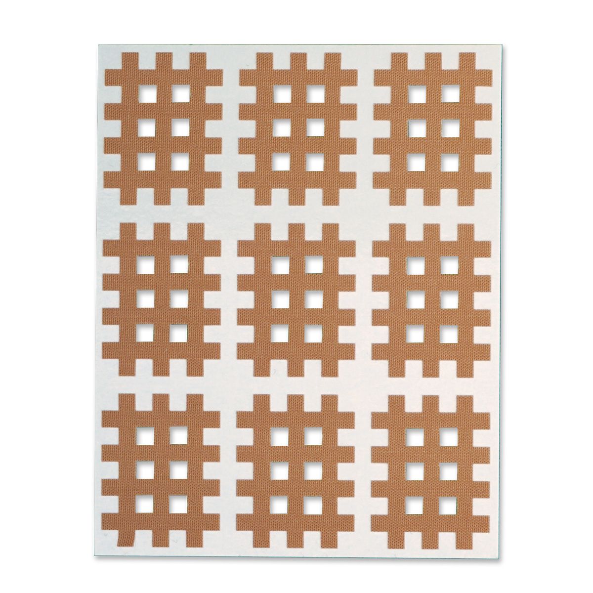 Beige K-Active Crossing Gittertapes auf weißem Trägerpapier. Neun quadratische Gittermuster sind sichtbar.