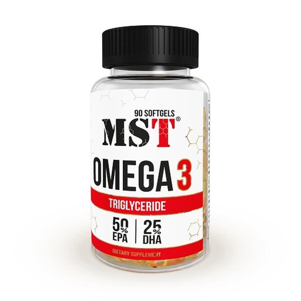 Flasche mit 90 Softgels. Aufschrift: MST Omega 3 Triglyceride. Enthält 50% EPA und 25% DHA.