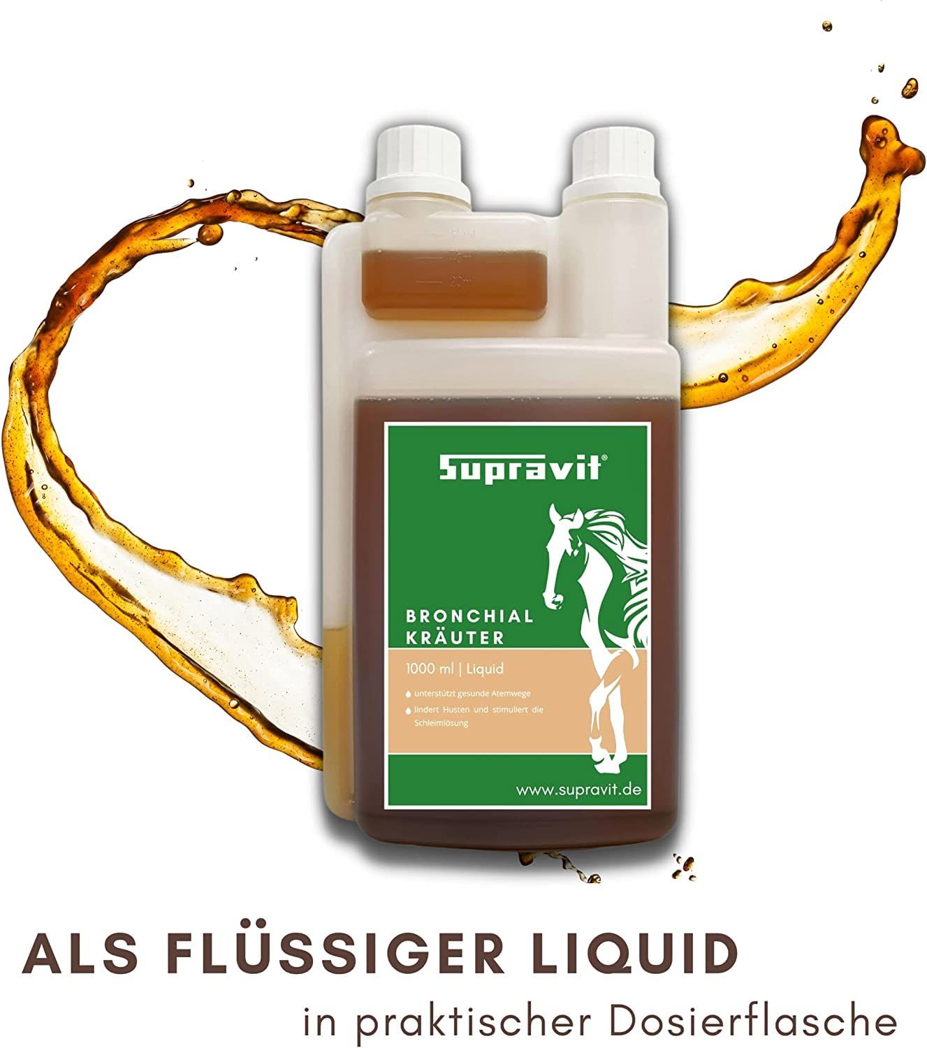 Flüssige Kräutermischung in Dosierflasche. Braune Flüssigkeit mit weißem Etikett, Logo und Pferdeabbildung. Text: Bronchialkräuter.