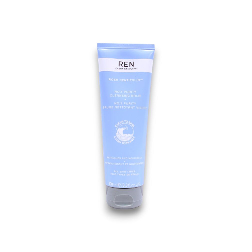 Blau-weiße Tube. Text: REN, Rosa Centifolia, Melt Purity Cleansing Balm. Reinigt und entfernt Make-up. 40ml/1.3 fl.oz.