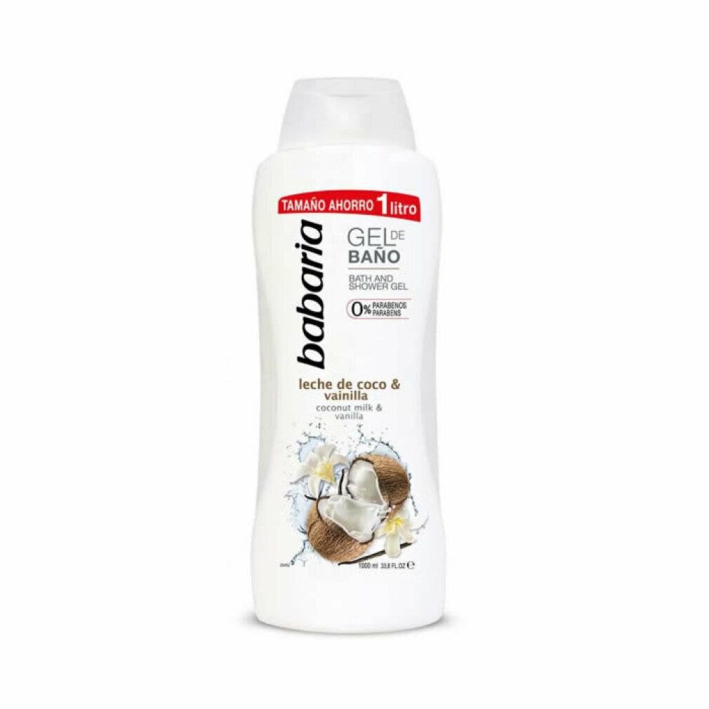 Babaria Duschgel, weiße Flasche, Kokosmilch & Vanille. 1 Liter. Aufdruck: 0% Parabene.