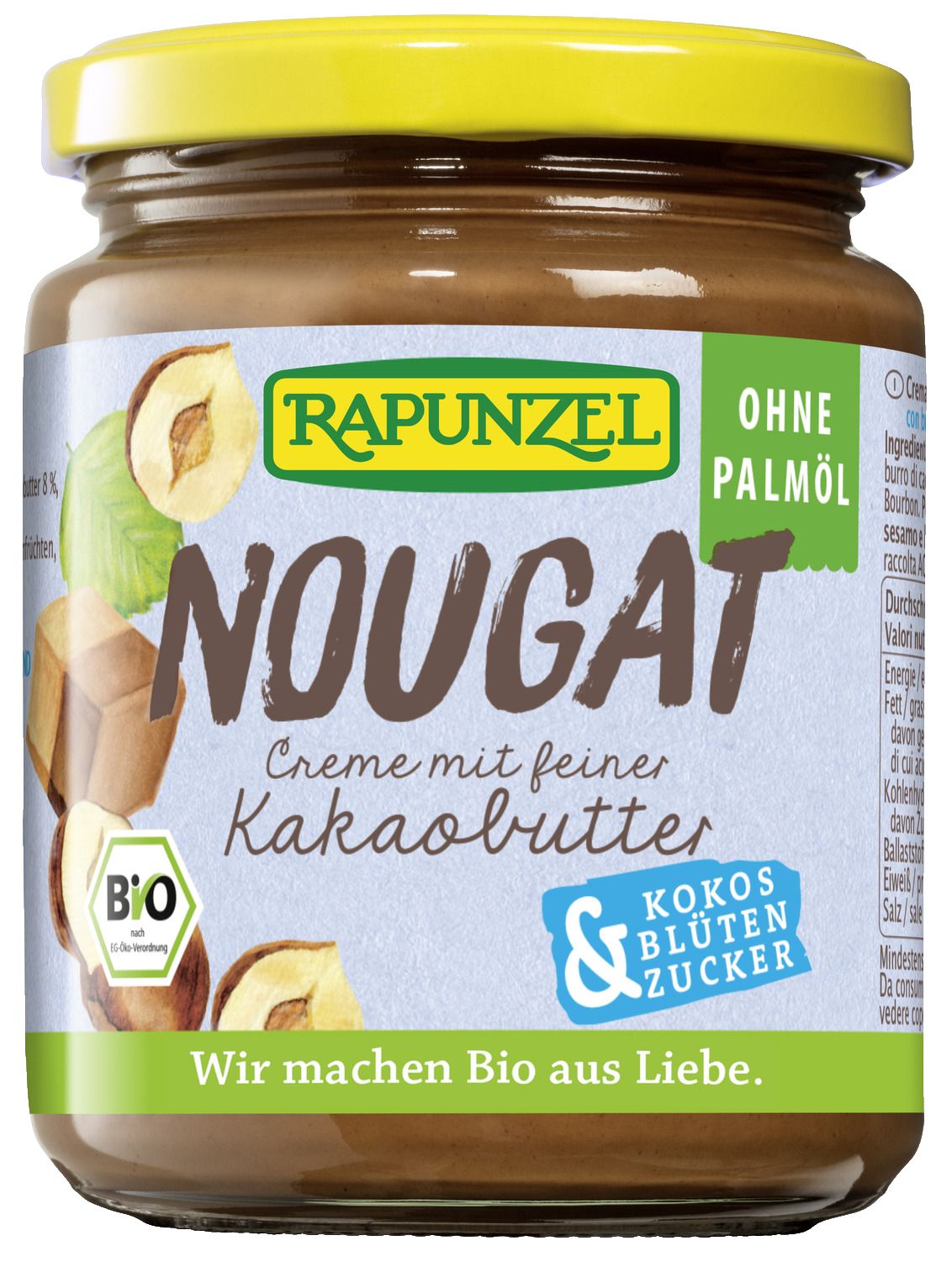 Glas mit Nougat-Creme. Aufschrift: Rapunzel, Nougat, Creme mit feiner Kakaobutter, ohne Palmöl, Bio-Siegel. Gelber Deckel.