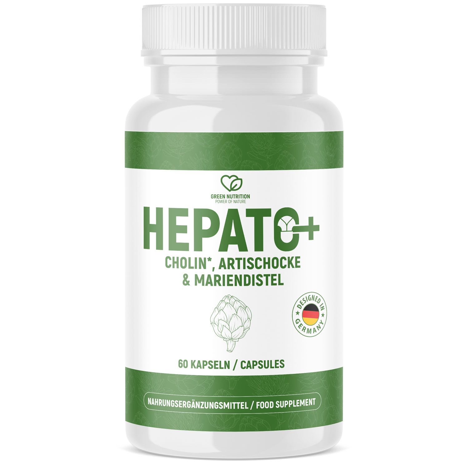 Weiße Kapsel-Dose mit grünem Etikett. Aufschrift: HEPATO+, Cholin, Artischocke & Mariendistel. 60 Kapseln. Hergestellt in Deutschland.